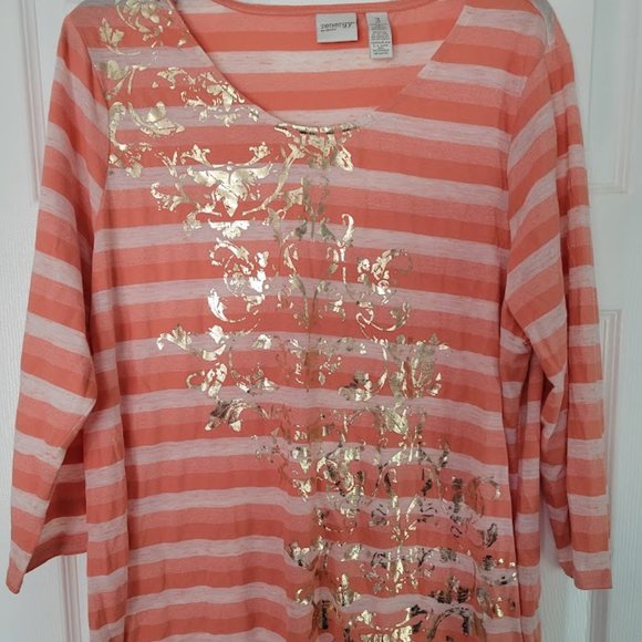 Chico's tunic top orange stripes with gold embellishment 3/4 sleeves Siz… - Picture 1 of 7